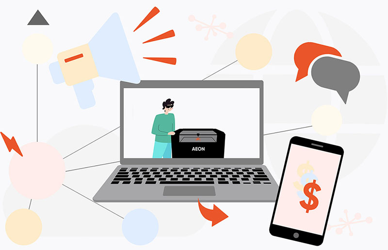 person standing next to a laser in a laptop, next to a phone that has dollar signs on it. surrounded by fun whimsy graphic decorations